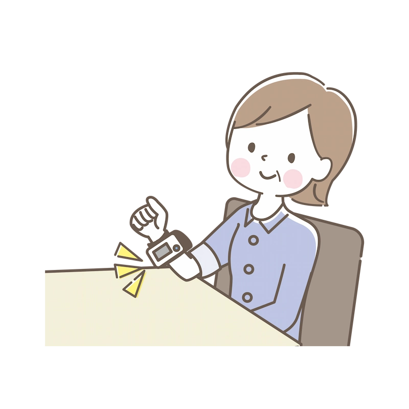 手首式血圧計を使って血圧を測る女性のイラスト